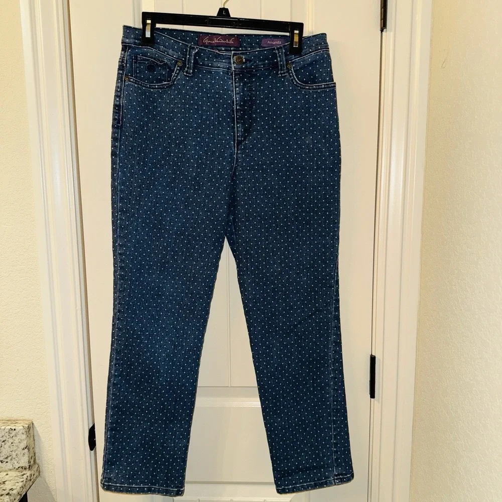 Gloria Vanderbilt Amanda Jeans 12P Blue Polka Dot Tapered Leg High Rise Petite - Picture 7 of 8